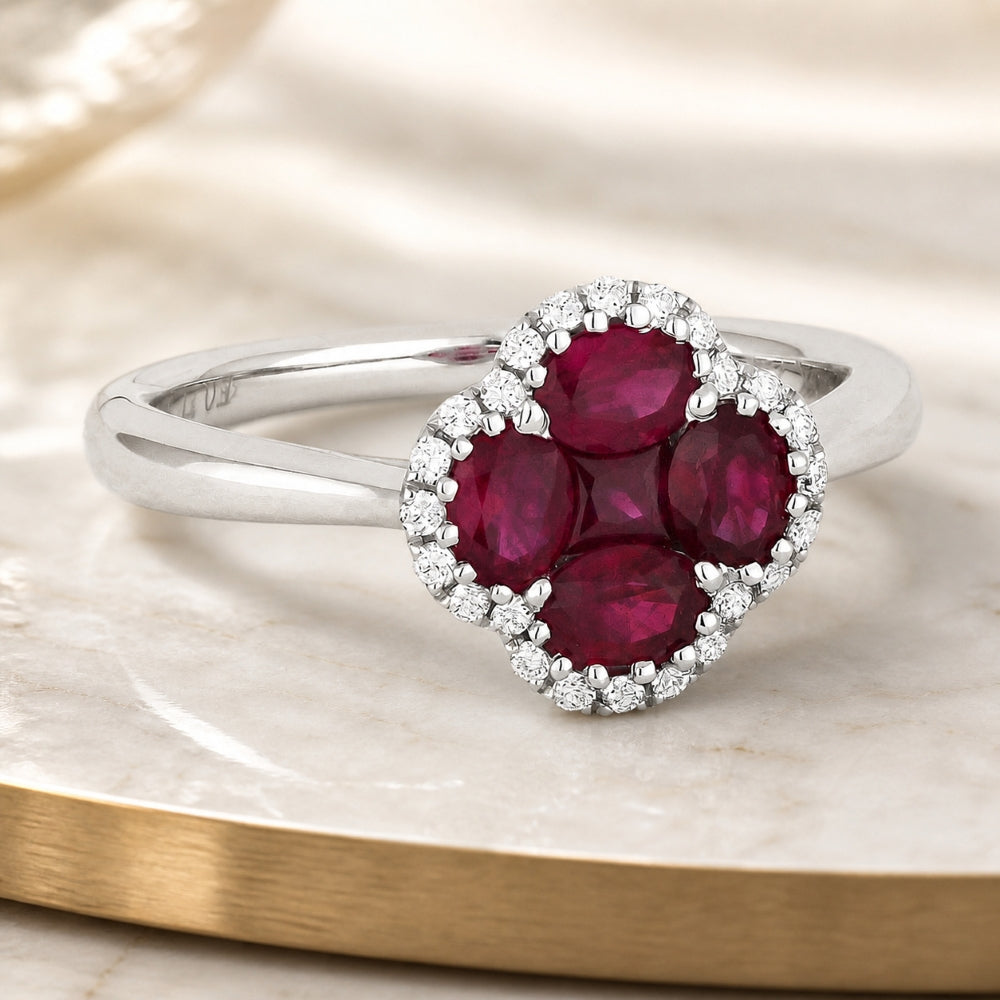 R1271 - 18K White Gold Emerald, Ruby & Sapphire Clover Ring
