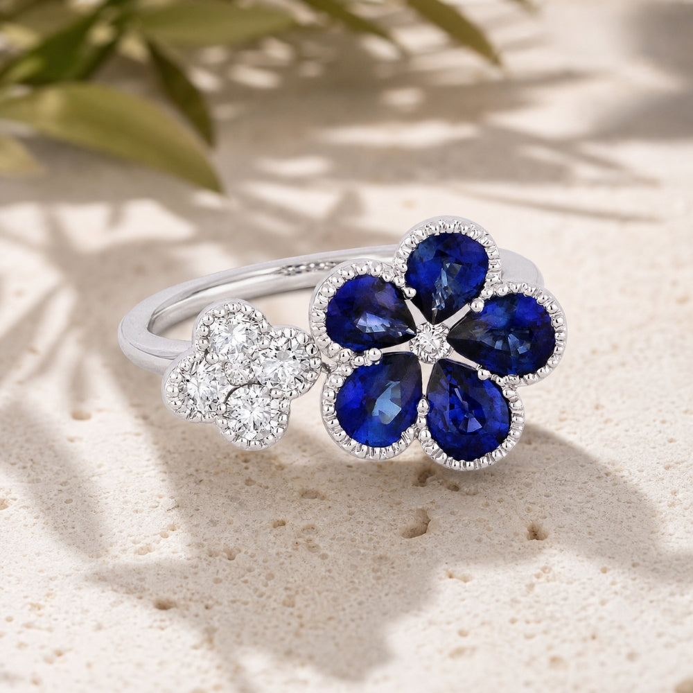 R1281 - 14K & 18K White Gold Emerald, Ruby & Sapphire Flower Ring