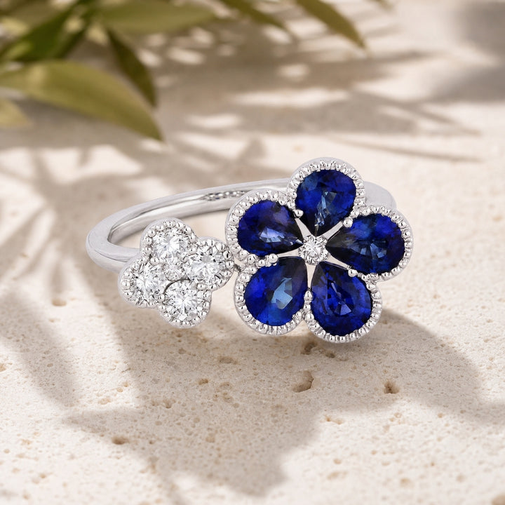 R1281 - 14K & 18K White Gold Emerald, Ruby & Sapphire Flower Ring