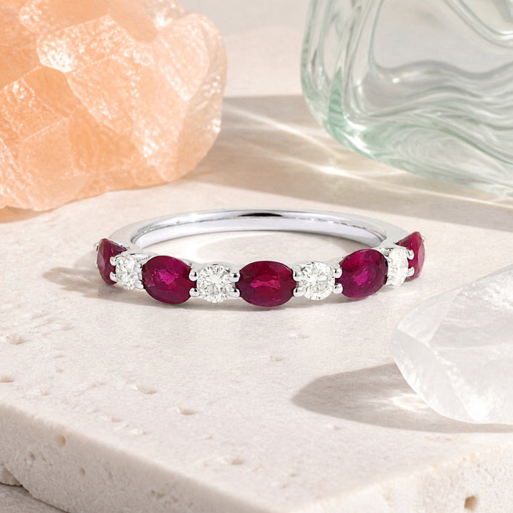 R1304 - 14K White Gold Emerald, Ruby & Sapphire Stackable Ring