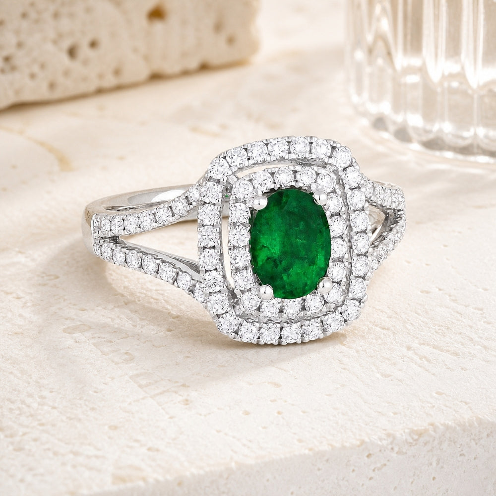 R1311 - 14K White Gold Emerald, Ruby & Sapphire Rectangle Ring