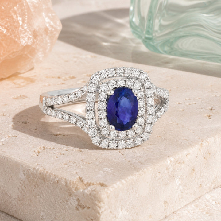R1311 - 14K White Gold Emerald, Ruby & Sapphire Rectangle Ring