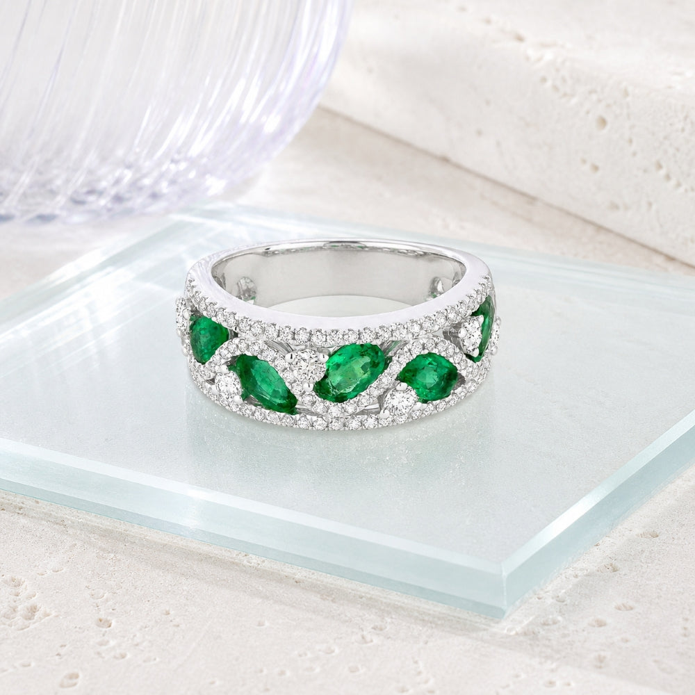 R1312 - 14K White Gold Emerald, Ruby & Sapphire Ring