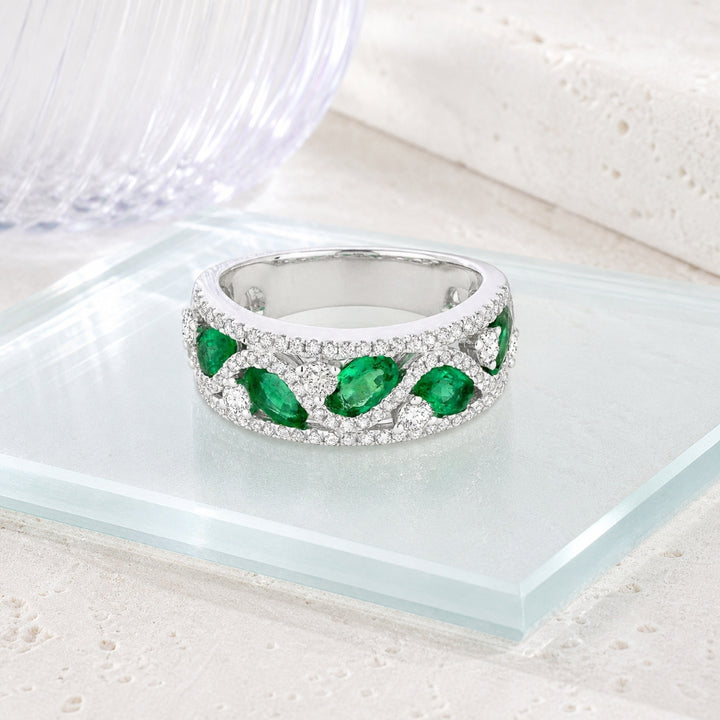 R1312 - 14K White Gold Emerald, Ruby & Sapphire Ring