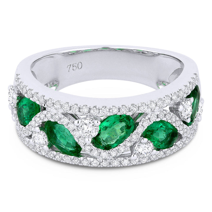 Beautiful Hand Crafted 14K White Gold 3X5MM Emerald And Diamond Arianna Collection Ring