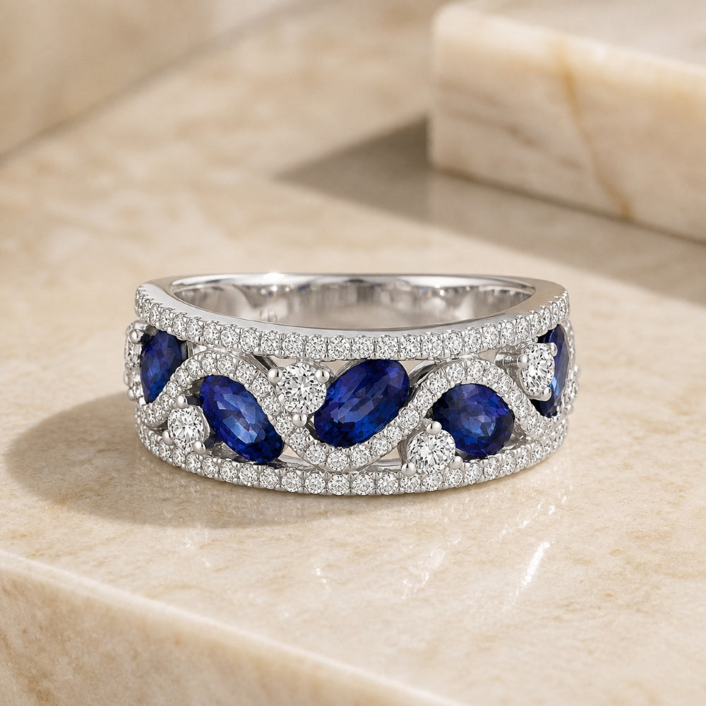R1312 - 14K White Gold Emerald, Ruby & Sapphire Ring