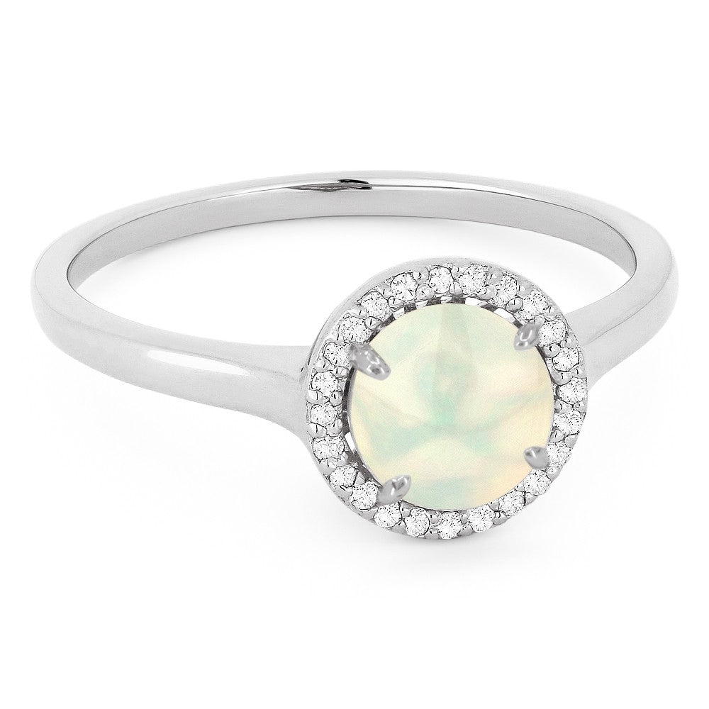 Beautiful Hand Crafted 14K White Gold 6MM Created Ethiopian Opal And Diamond Essentials Collection Ring