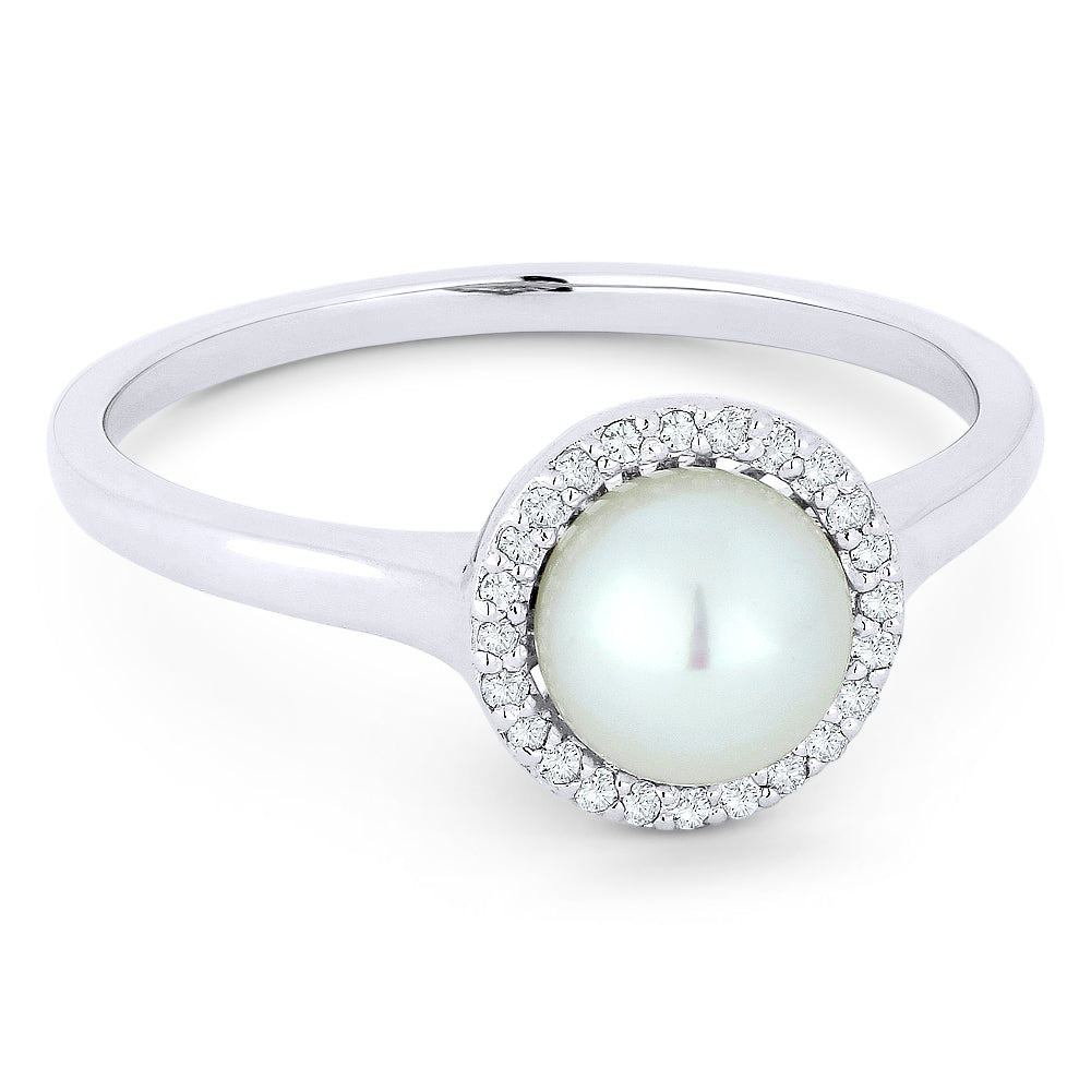 Beautiful Hand Crafted 14K White Gold 6MM Pearl And Diamond Essentials Collection Ring