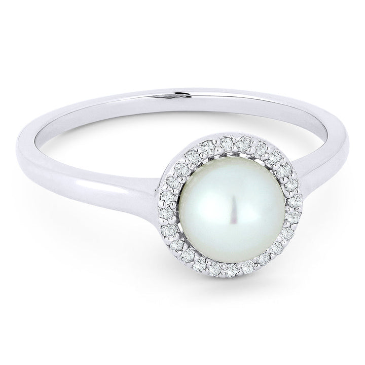 Beautiful Hand Crafted 14K White Gold 6MM Pearl And Diamond Essentials Collection Ring