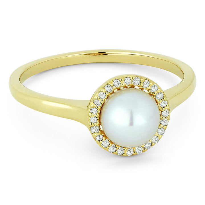 Beautiful Hand Crafted 14K Yellow Gold 6MM Pearl And Diamond Essentials Collection Ring