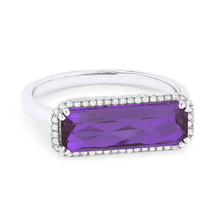 Beautiful Hand Crafted 14K White Gold 5X15MM Amethyst And Diamond Essentials Collection Ring