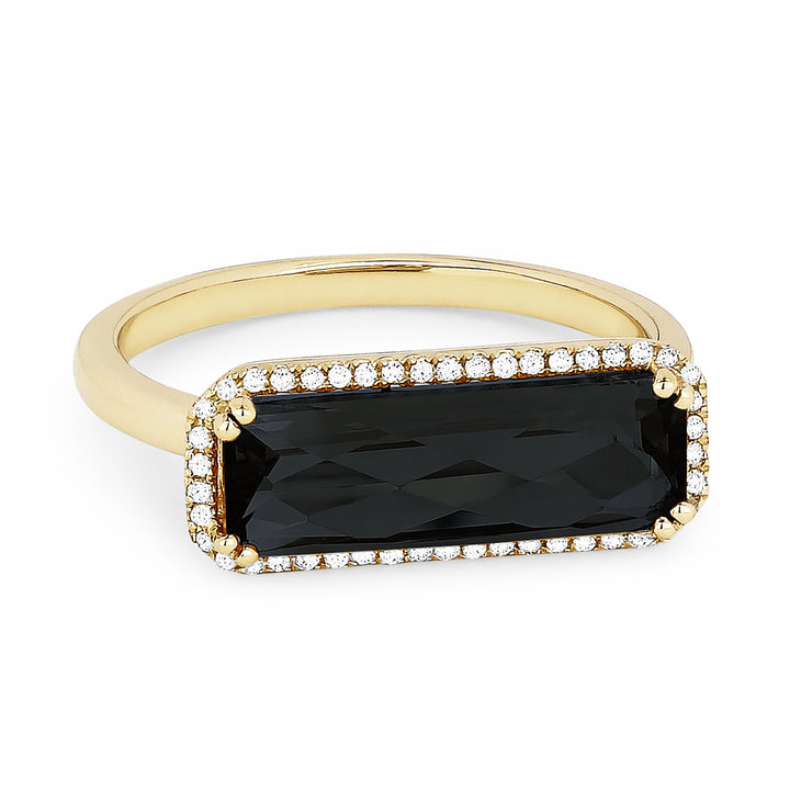 Beautiful Hand Crafted 14K Yellow Gold 5X15MM Black Onyx And Diamond Essentials Collection Ring