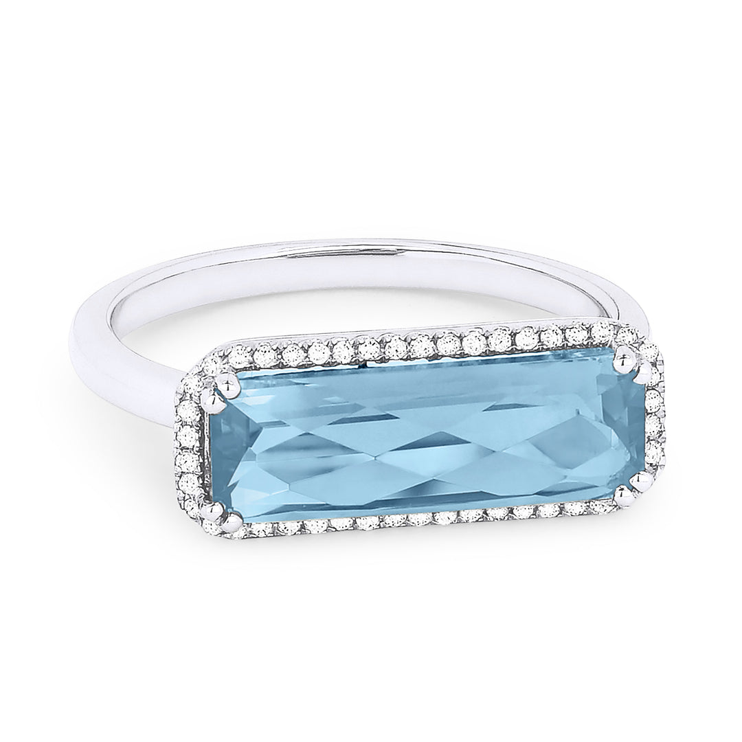 Beautiful Hand Crafted 14K White Gold 5X15MM Blue Topaz And Diamond Essentials Collection Ring