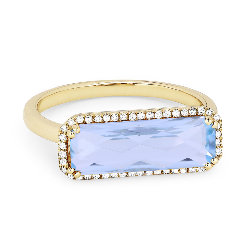 Beautiful Hand Crafted 14K Yellow Gold 5X15MM Blue Topaz And Diamond Essentials Collection Ring