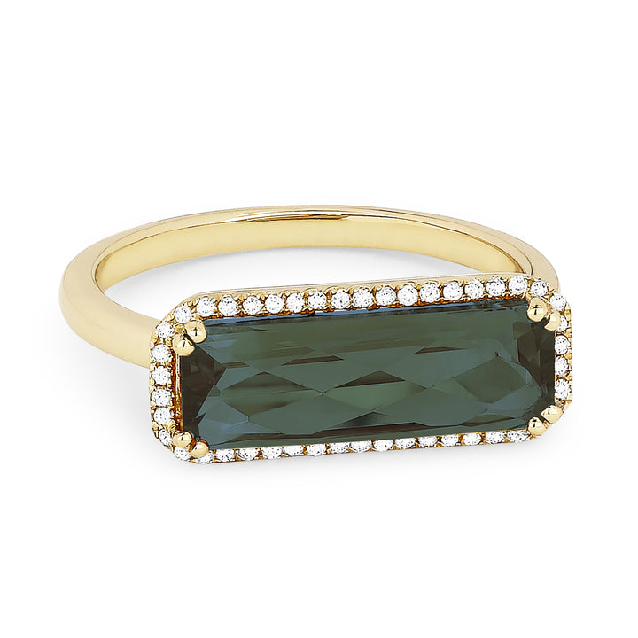 Beautiful Hand Crafted 14K Yellow Gold 5X15MM Created Green Spinel And Diamond Essentials Collection Ring