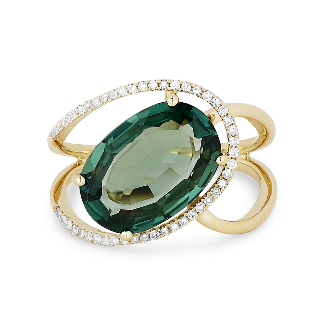 Beautiful Hand Crafted 14K Yellow Gold 9x13MM Created Green Spinel And Diamond Essentials Collection Ring