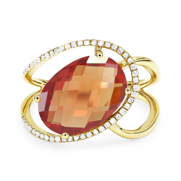 Beautiful Hand Crafted 14K Yellow Gold 9x13MM Created Padparadscha And Diamond Essentials Collection Ring