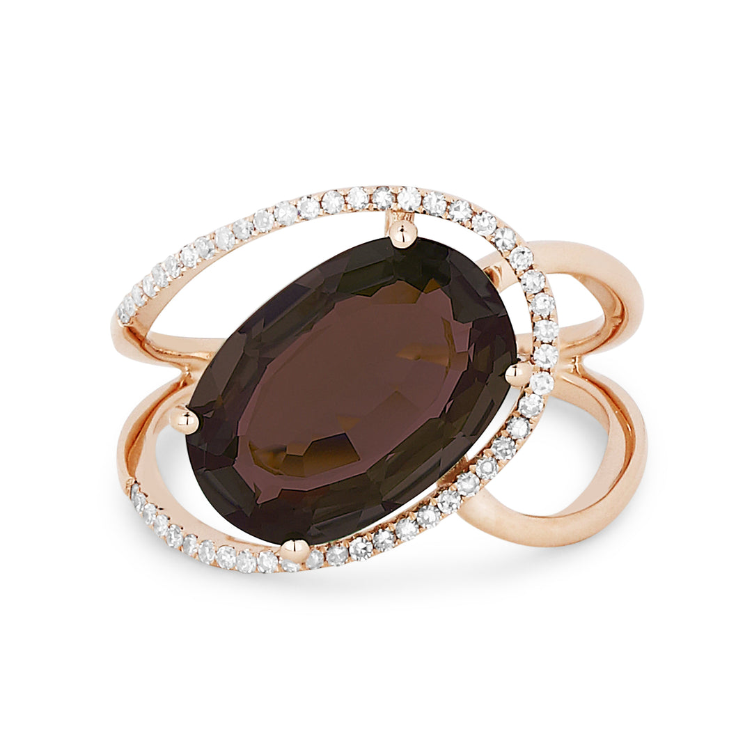 Beautiful Hand Crafted 14K Rose Gold 9x13MM Smokey Topaz And Diamond Essentials Collection Ring