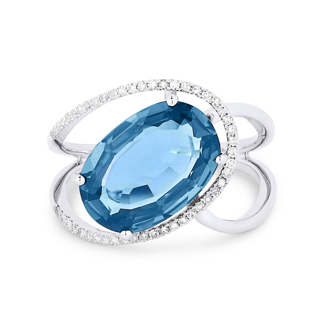 Beautiful Hand Crafted 14K White Gold 9x13MM Swiss Blue Topaz And Diamond Essentials Collection Ring