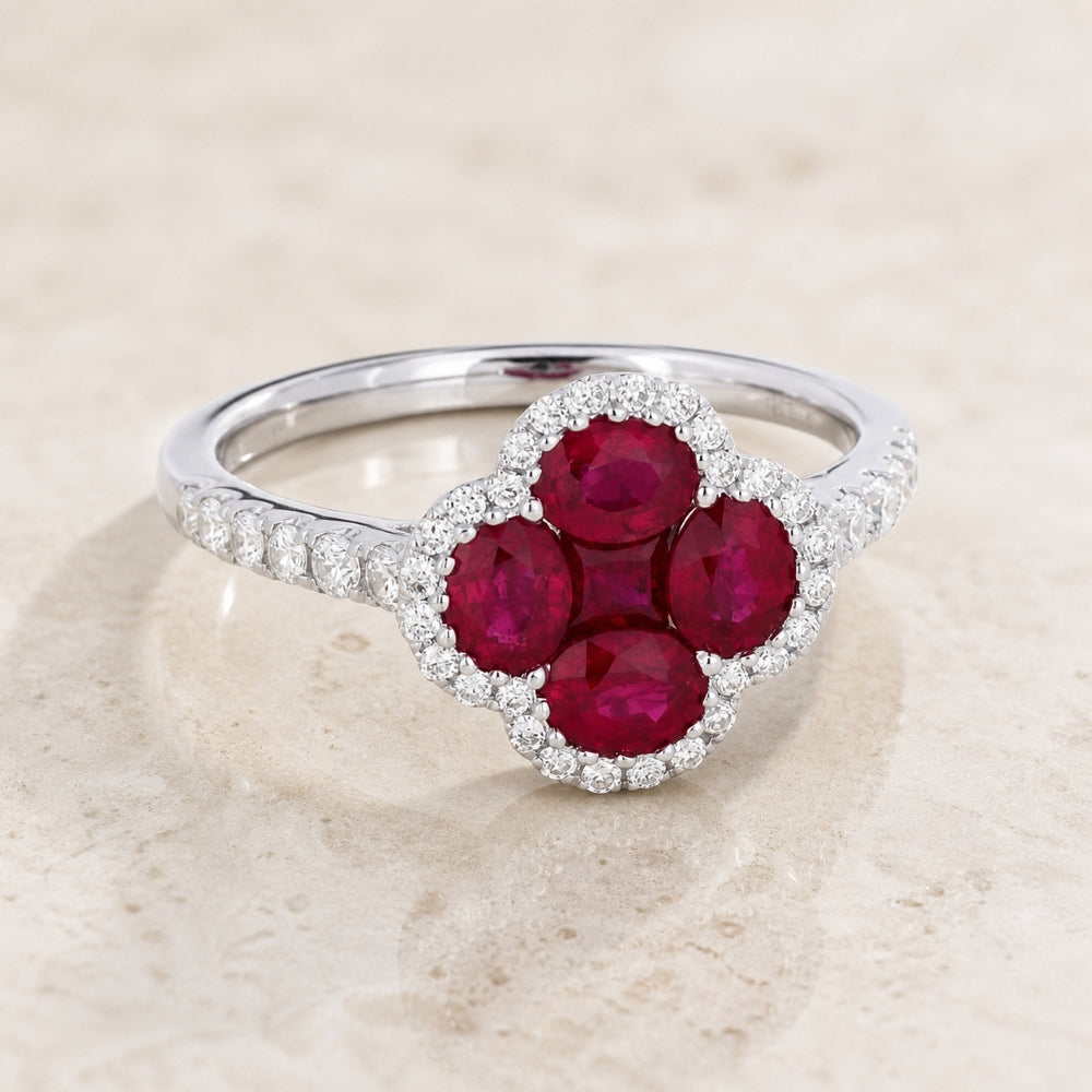 R1350 - 18K White Gold Emerald, Ruby & Sapphire Clover Ring