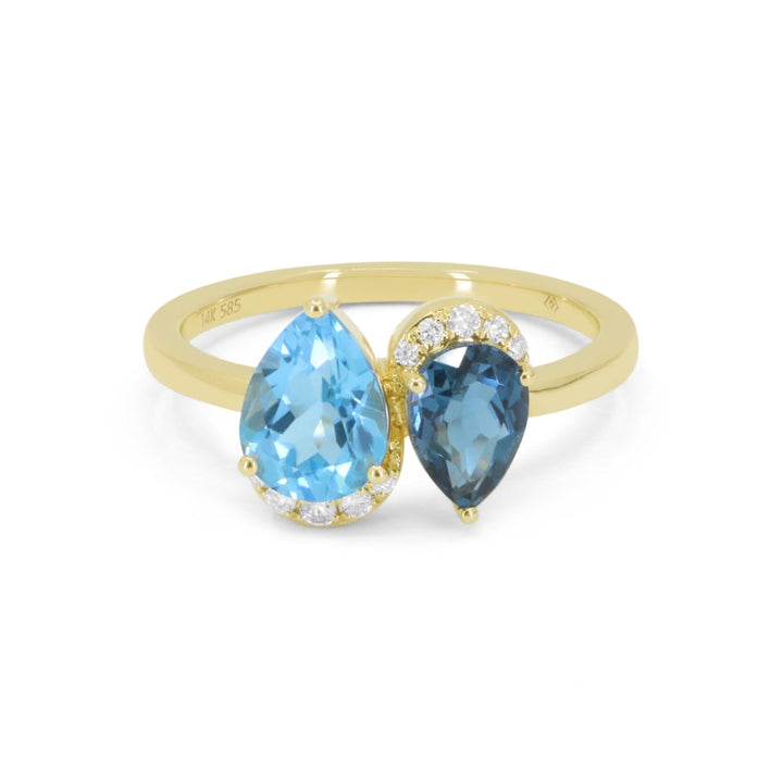 Beautiful Hand Crafted 14K Yellow Gold  Swiss Blue Topaz & London Blue Topaz And Diamond Essentials Collection Ring