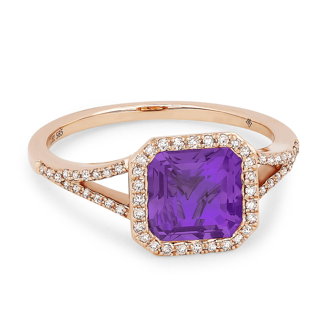 Beautiful Hand Crafted 14K Rose Gold 7MM Amethyst And Diamond Essentials Collection Ring