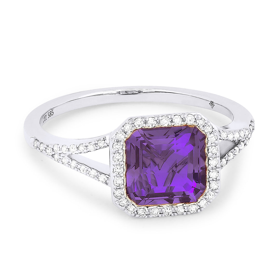 Beautiful Hand Crafted 14K White Gold 7MM Amethyst And Diamond Essentials Collection Ring