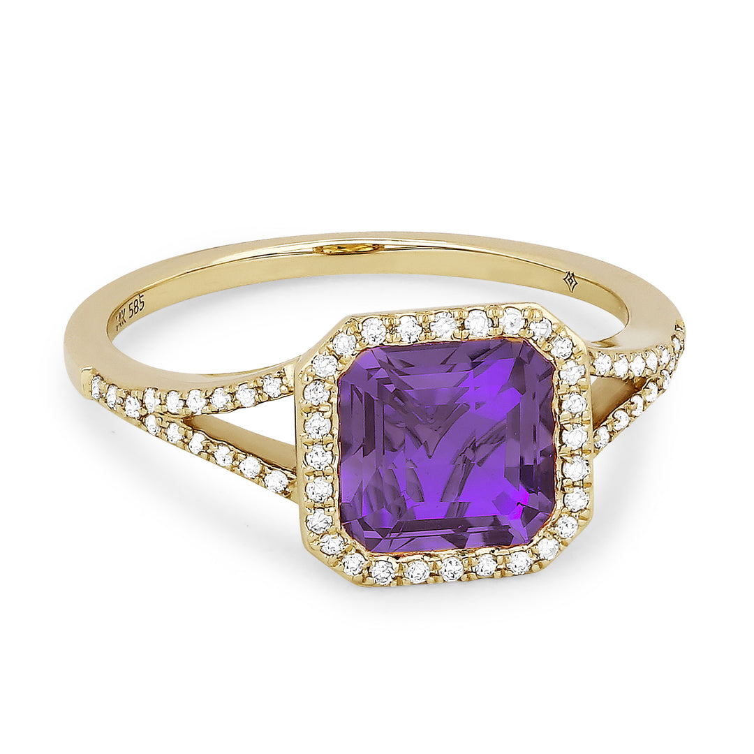 Beautiful Hand Crafted 14K Yellow Gold 7MM Amethyst And Diamond Essentials Collection Ring