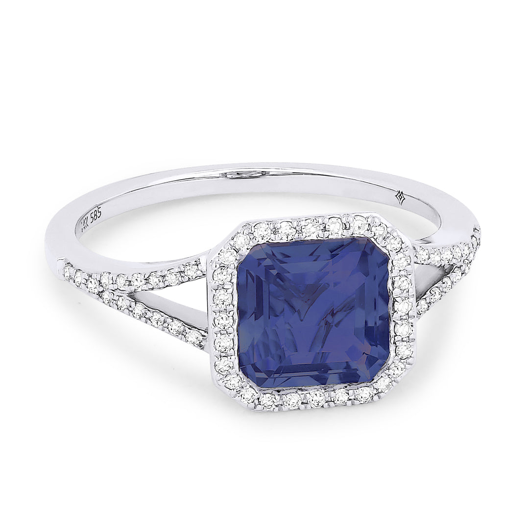 Beautiful Hand Crafted 14K White Gold 7MM Created Sapphire And Diamond Essentials Collection Ring