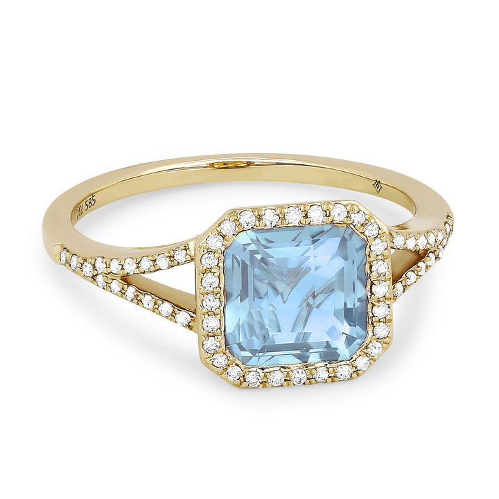 Beautiful Hand Crafted 14K Yellow Gold 7MM Blue Topaz And Diamond Essentials Collection Ring