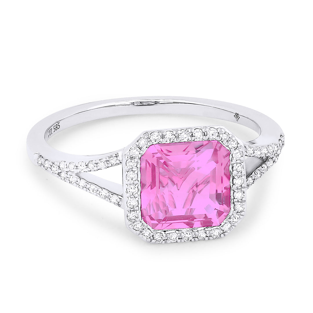Beautiful Hand Crafted 14K White Gold 7MM Created Pink Sapphire And Diamond Essentials Collection Ring