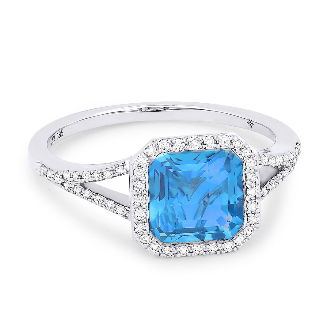 Beautiful Hand Crafted 14K White Gold 7MM Swiss Blue Topaz And Diamond Essentials Collection Ring