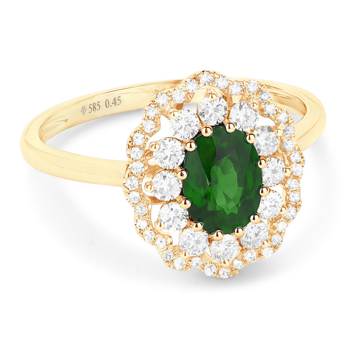 Beautiful Hand Crafted 14K Yellow Gold 5X7MM Emerald And Diamond Arianna Collection Ring