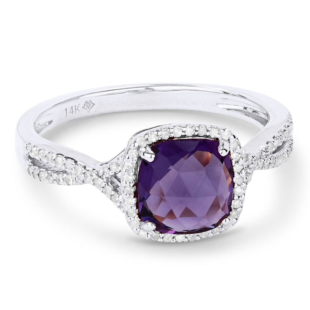 Beautiful Hand Crafted 14K White Gold 7X7MM Amethyst And Diamond Essentials Collection Ring