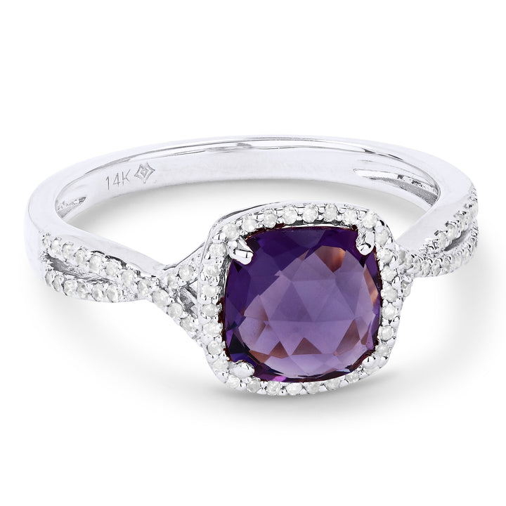 Beautiful Hand Crafted 14K White Gold 7X7MM Amethyst And Diamond Essentials Collection Ring