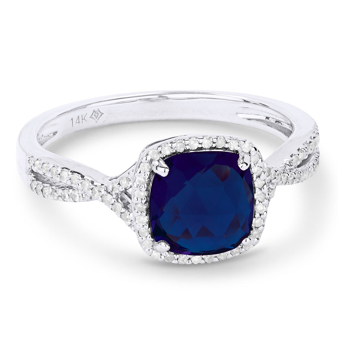 Beautiful Hand Crafted 14K White Gold 7X7MM Created Sapphire And Diamond Essentials Collection Ring