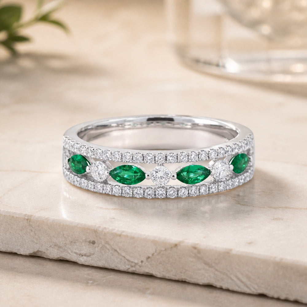 R1416 - 14K White Gold Emerald, Ruby & Sapphire Stackable Ring