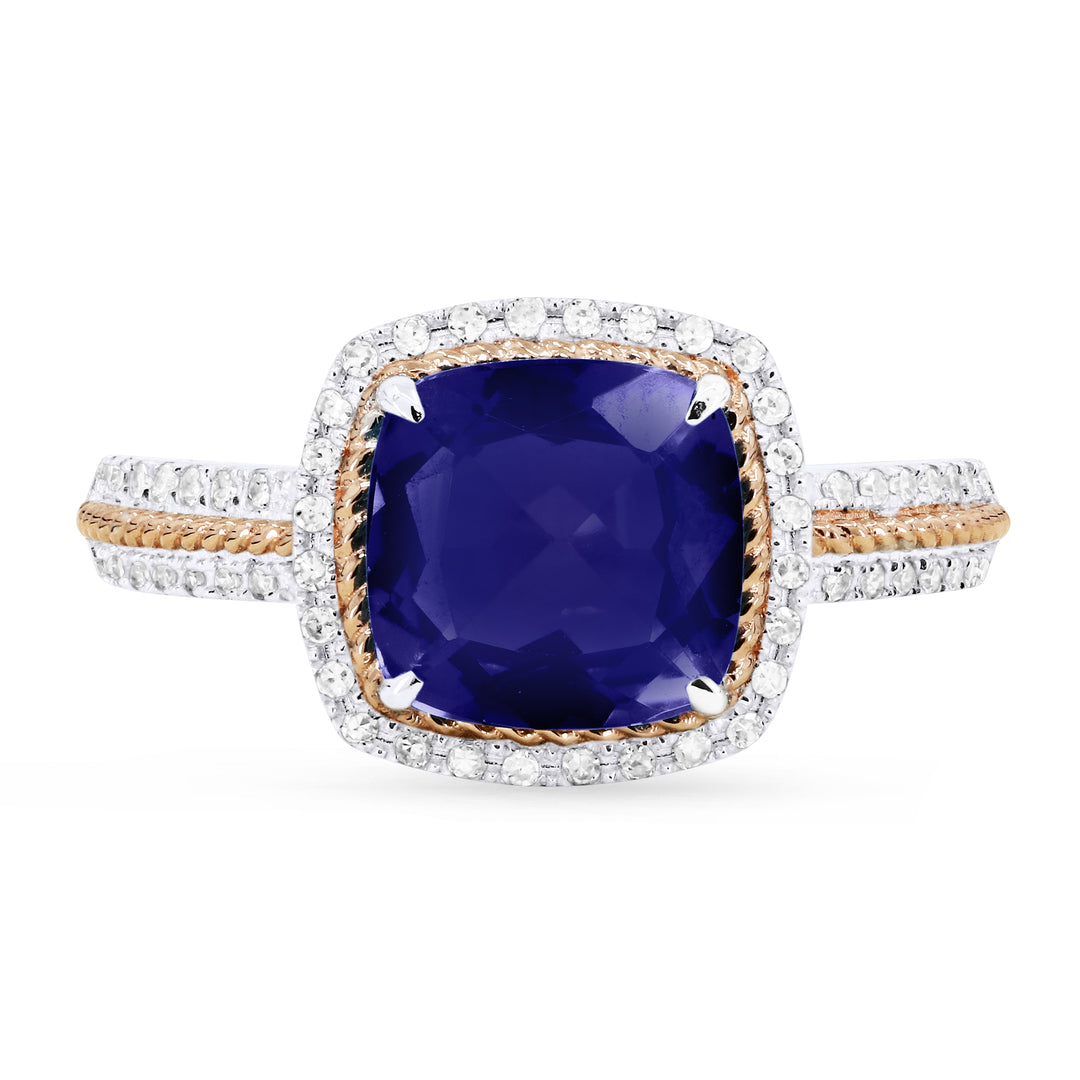 Beautiful Hand Crafted 14K Two Tone Gold 8MM Created Sapphire And Diamond Essentials Collection Ring