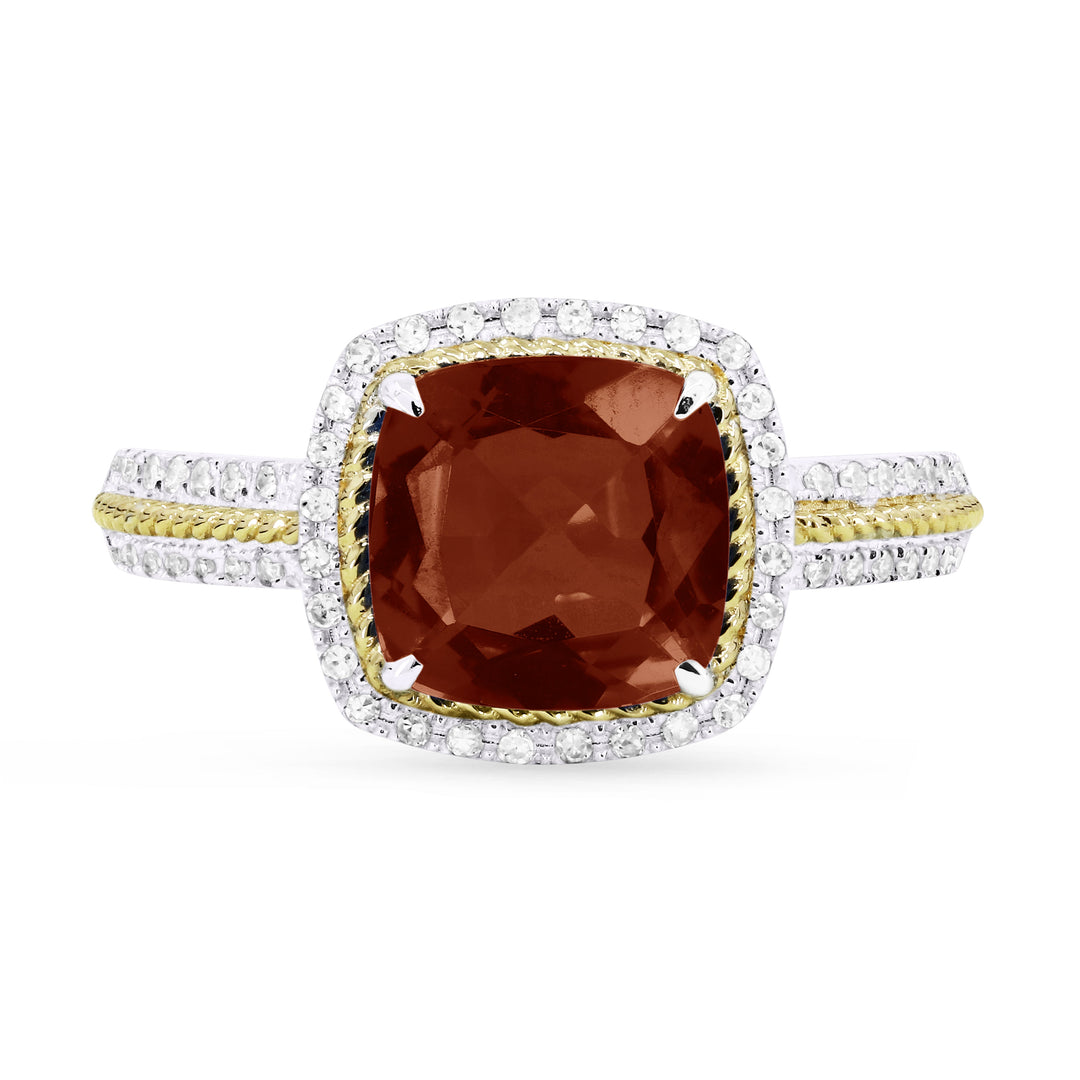 Beautiful Hand Crafted 14K Two Tone Gold 8MM Garnet And Diamond Essentials Collection Ring