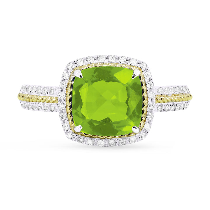 Beautiful Hand Crafted 14K Two Tone Gold 8MM Peridot And Diamond Essentials Collection Ring