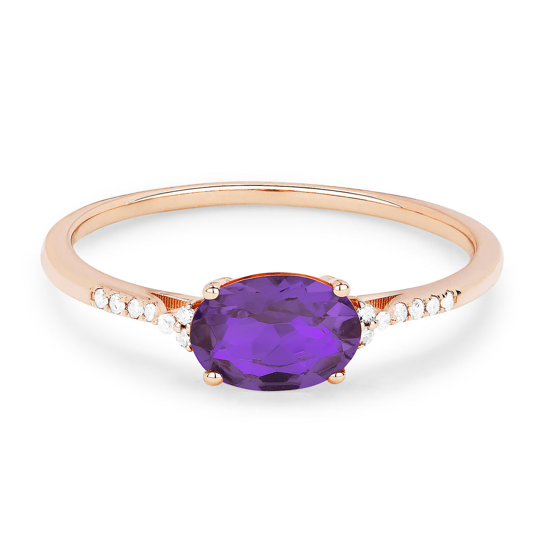 Beautiful Hand Crafted 14K Rose Gold 7X5MM Amethyst And Diamond Essentials Collection Ring