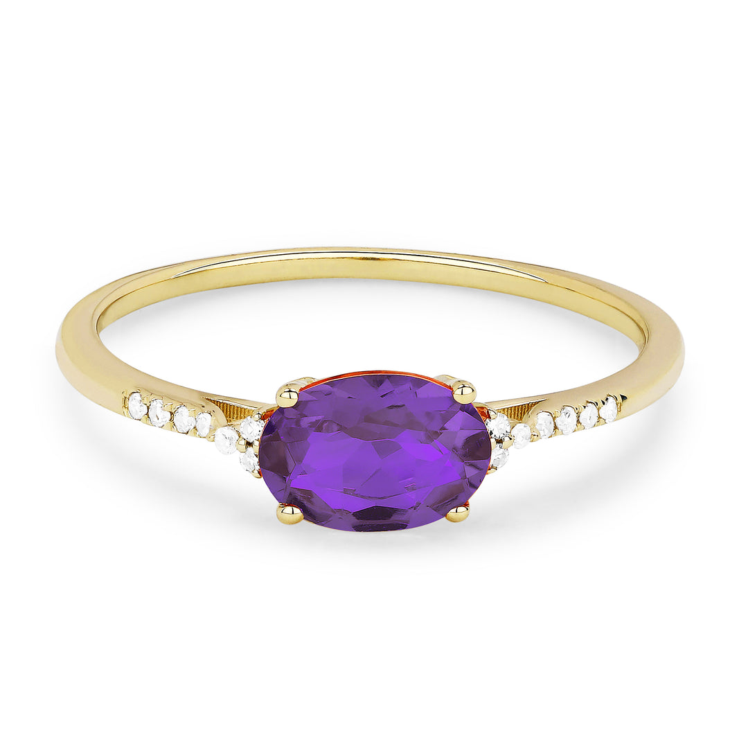 Beautiful Hand Crafted 14K Yellow Gold 7X5MM Amethyst And Diamond Essentials Collection Ring