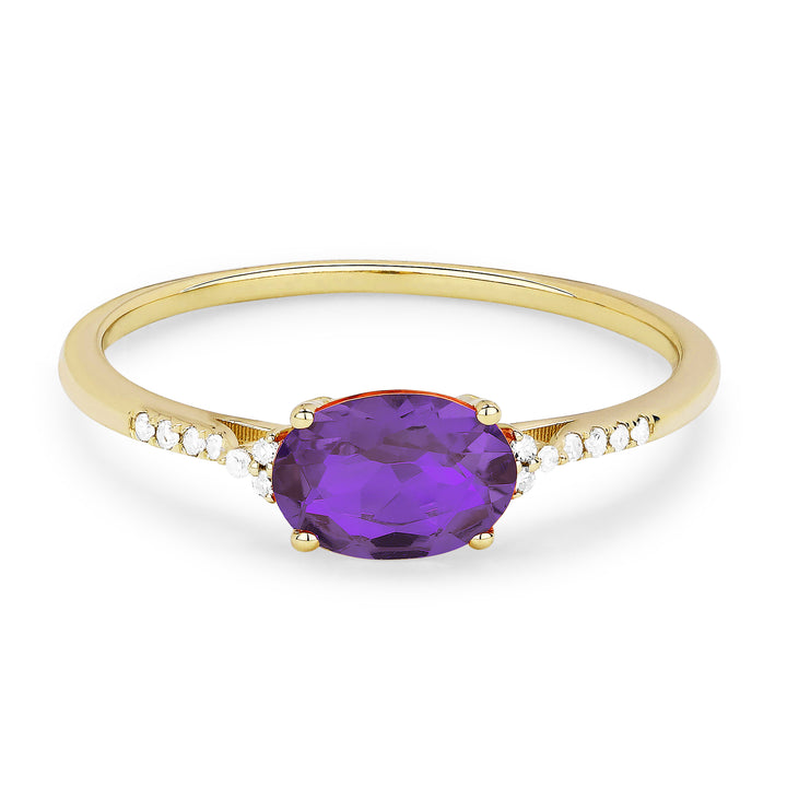 Beautiful Hand Crafted 14K Yellow Gold 7X5MM Amethyst And Diamond Essentials Collection Ring