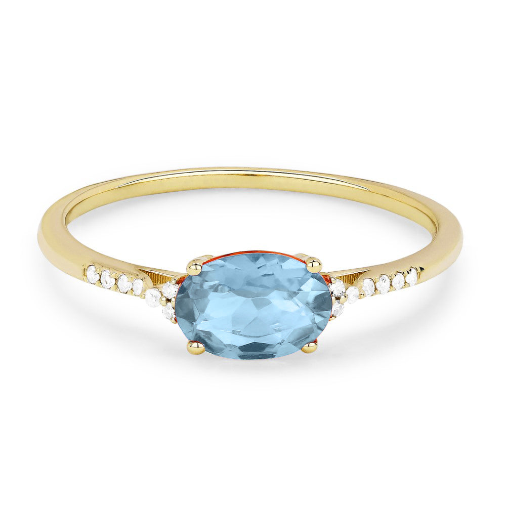 Beautiful Hand Crafted 14K Yellow Gold 7X5MM Aquamarine And Diamond Essentials Collection Ring