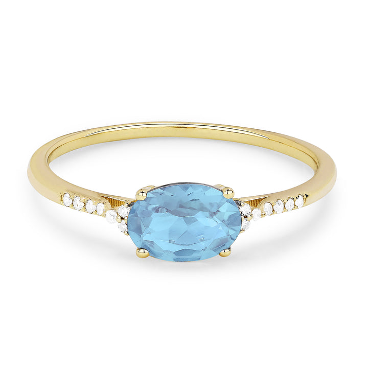 Beautiful Hand Crafted 14K Yellow Gold 7X5MM Blue Topaz And Diamond Essentials Collection Ring