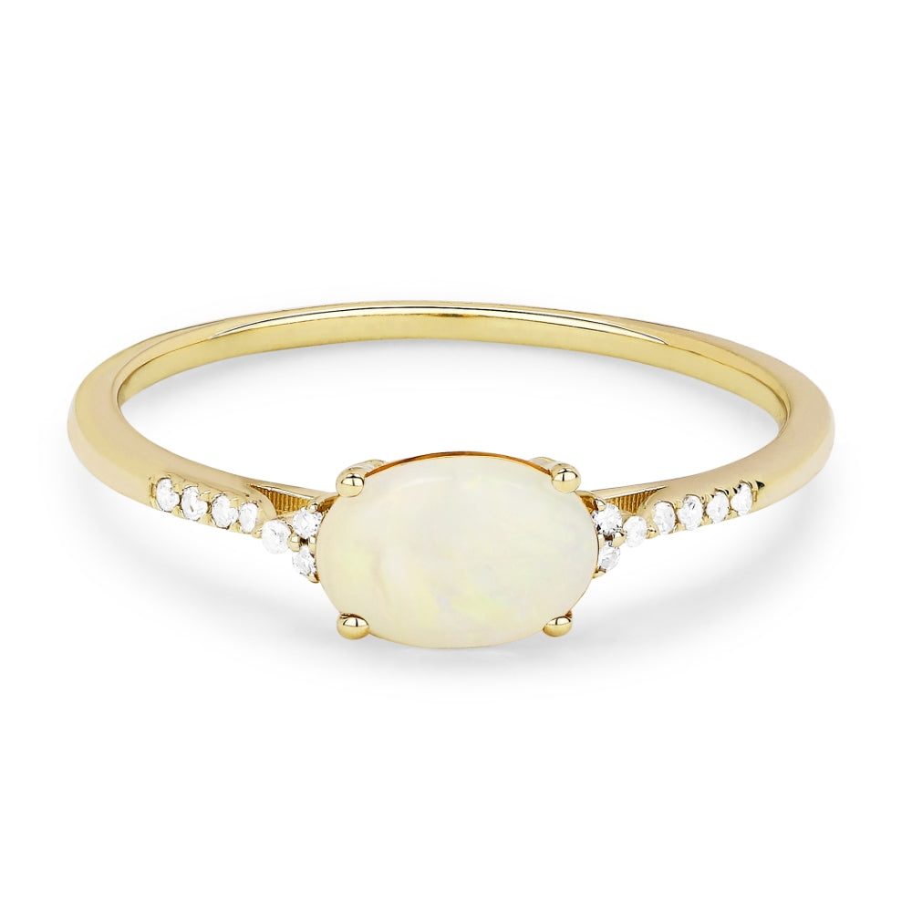 Beautiful Hand Crafted 14K Yellow Gold 7X5MM Created Ethiopian Opal And Diamond Essentials Collection Ring