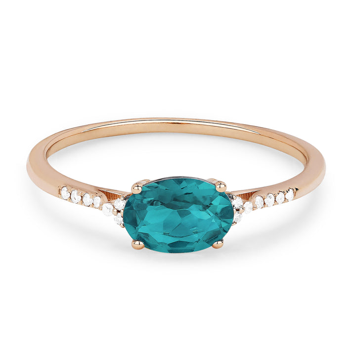 Beautiful Hand Crafted 14K Rose Gold 7X5MM Created Tourmaline Paraiba And Diamond Essentials Collection Ring