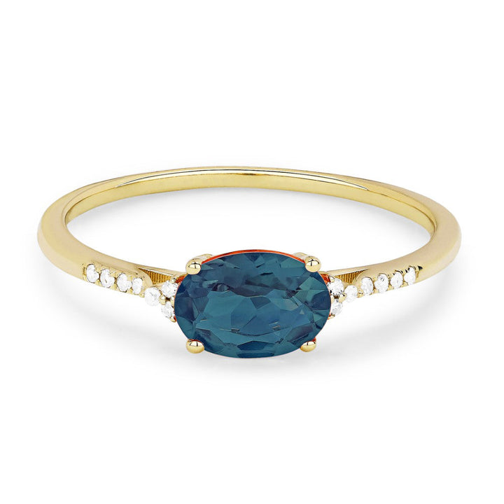 Beautiful Hand Crafted 14K Yellow Gold 7X5MM London Blue Topaz And Diamond Essentials Collection Ring