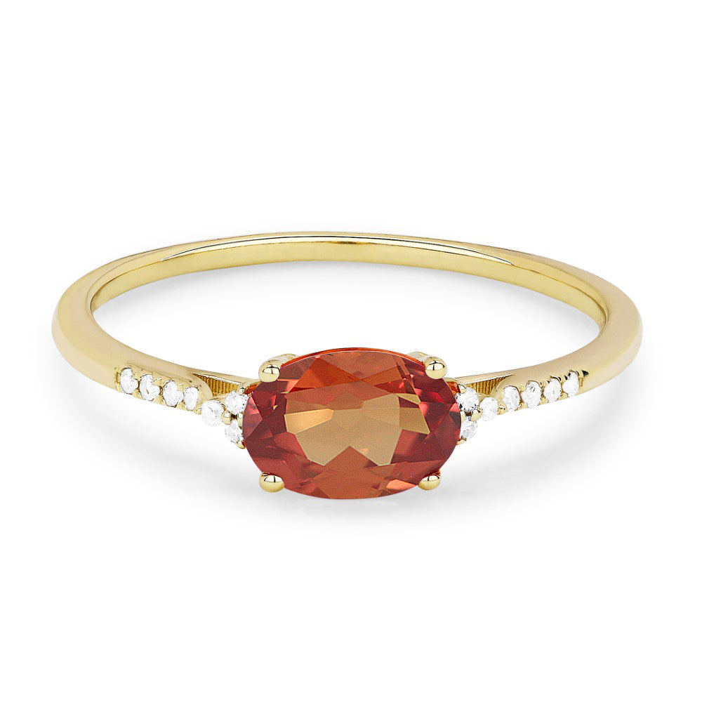Beautiful Hand Crafted 14K Yellow Gold 7X5MM Created Padparadscha And Diamond Essentials Collection Ring