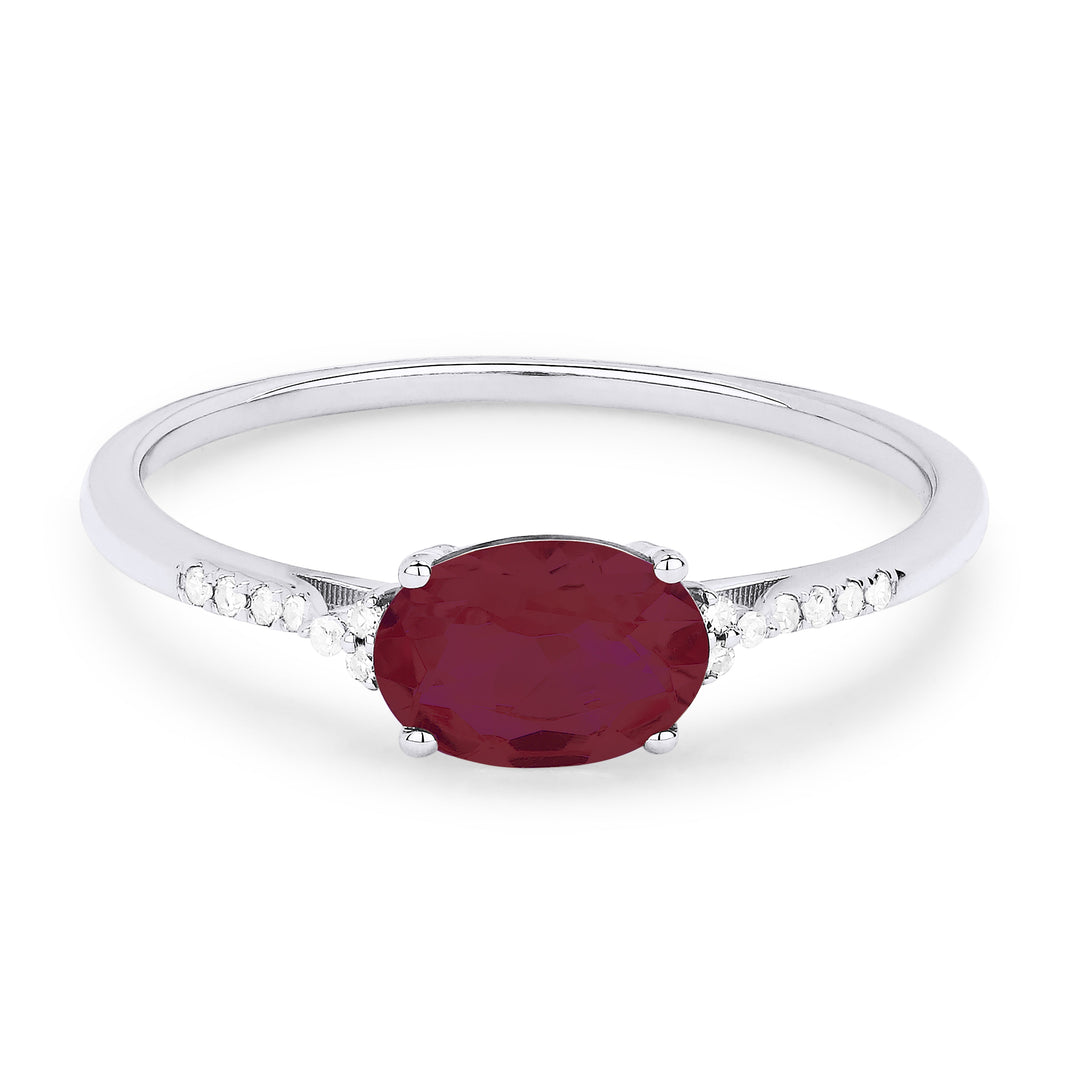 Beautiful Hand Crafted 14K White Gold 7X5MM Created Ruby And Diamond Essentials Collection Ring